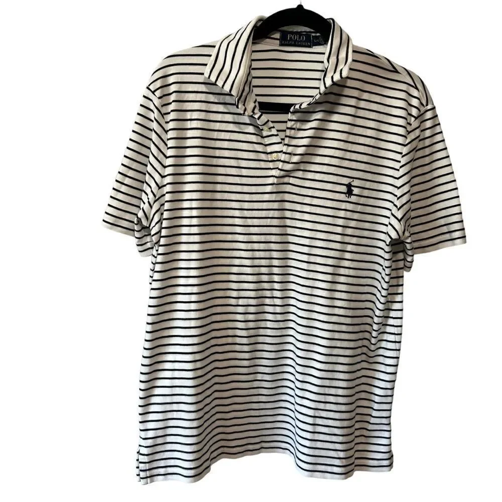 Ralph Lauren Polo Shirt Size L Mens White Striped Short Sleeved Polo Shirt